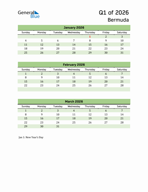 Quarterly Calendar 2026 with Bermuda Holidays