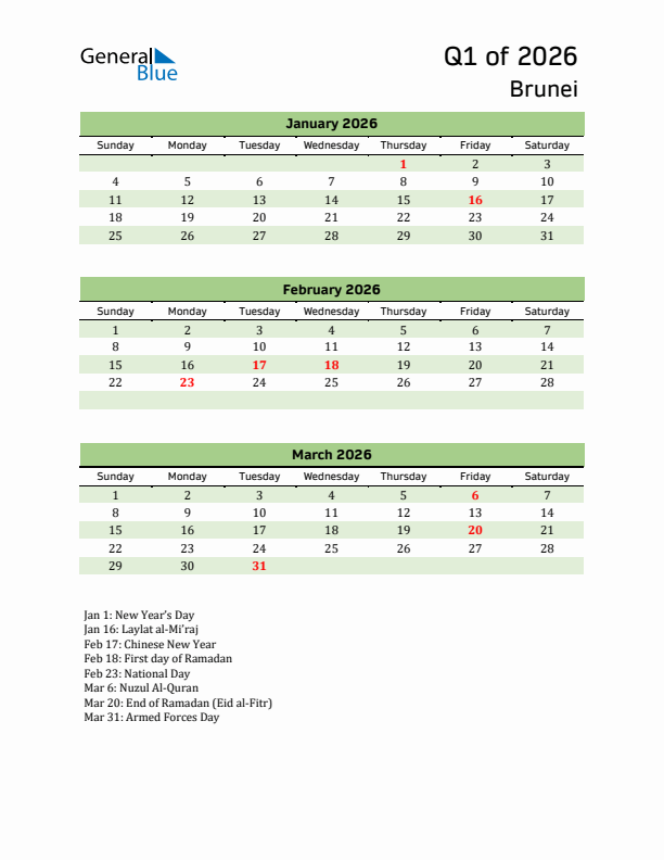 Quarterly Calendar 2026 with Brunei Holidays