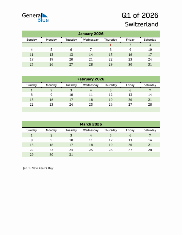 Quarterly Calendar 2026 with Switzerland Holidays