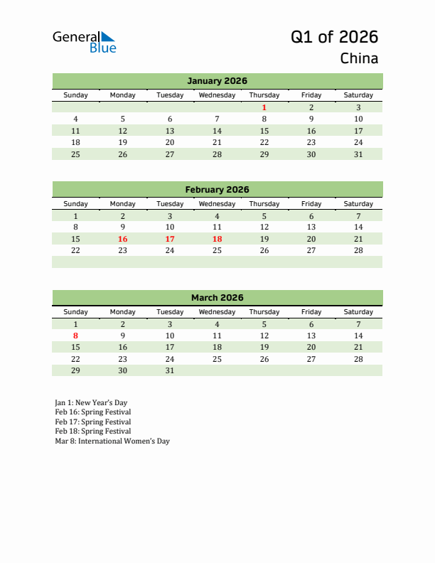 Quarterly Calendar 2026 with China Holidays