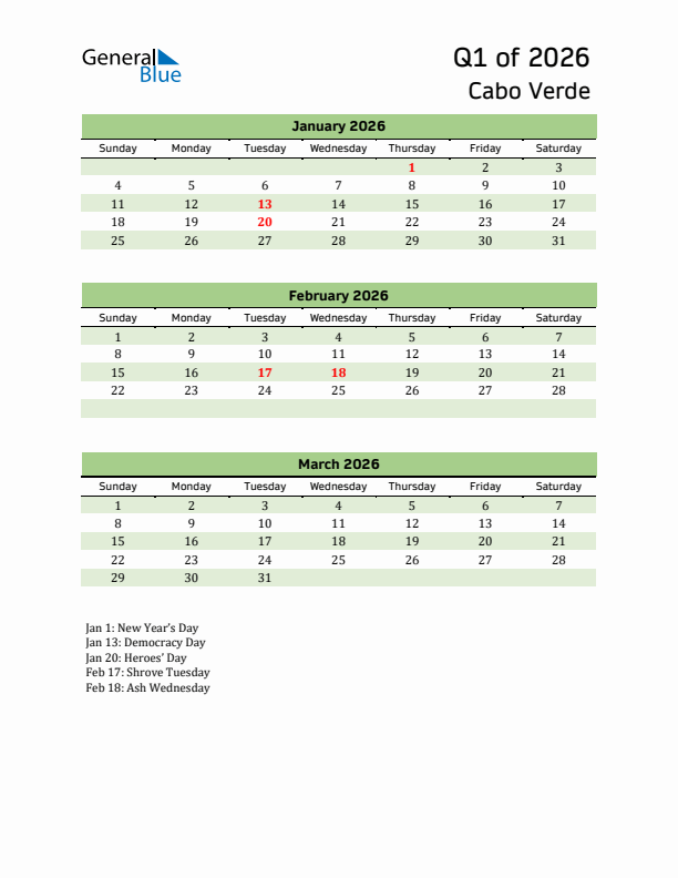 Quarterly Calendar 2026 with Cabo Verde Holidays