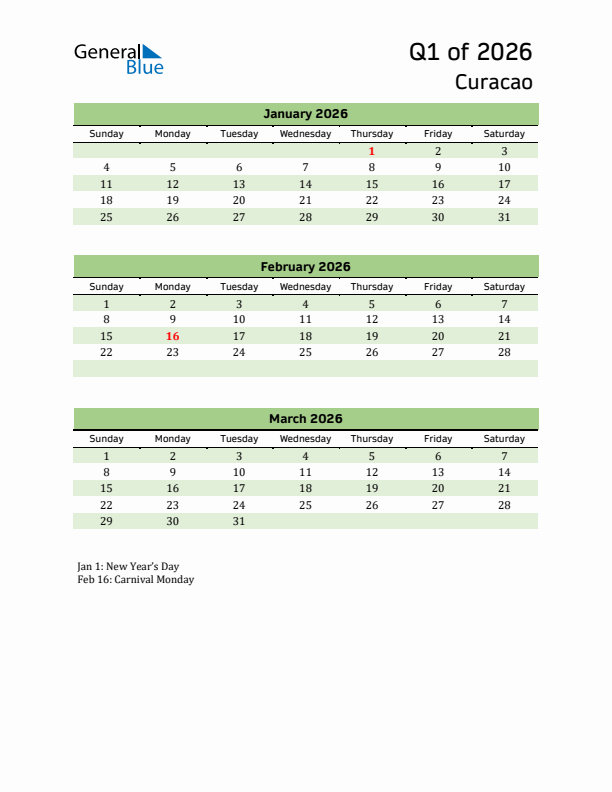 Quarterly Calendar 2026 with Curacao Holidays