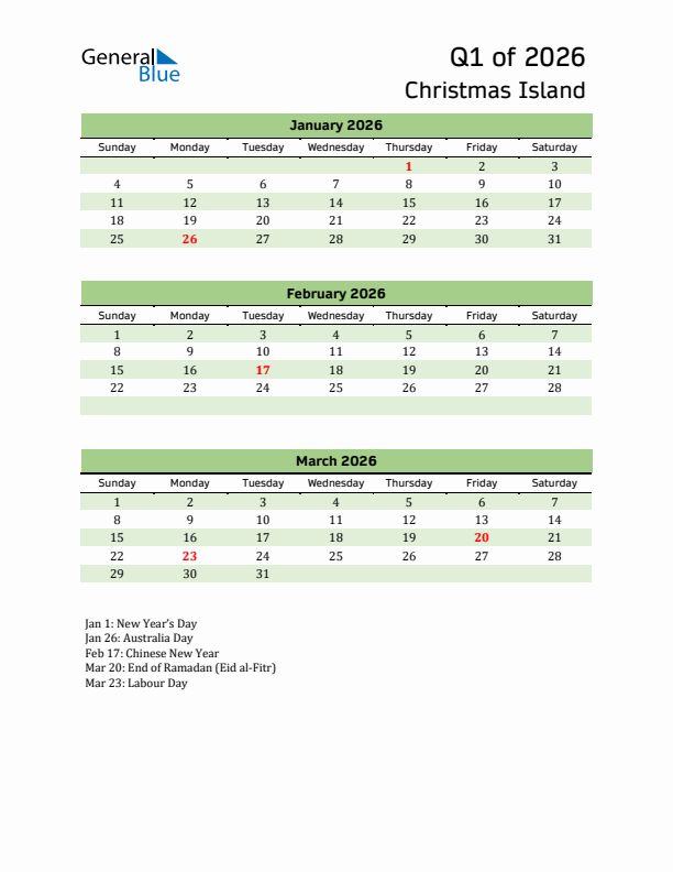 Quarterly Calendar 2026 with Christmas Island Holidays