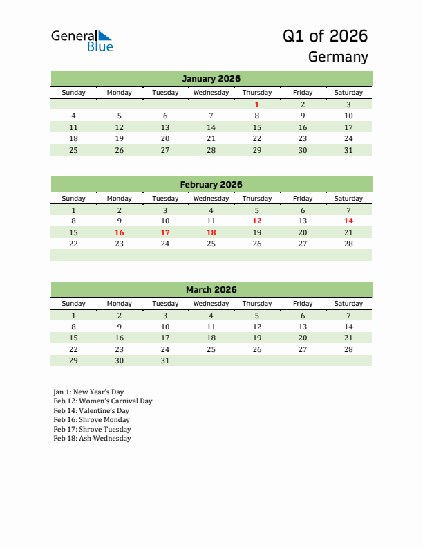 Quarterly Calendar 2026 with Germany Holidays