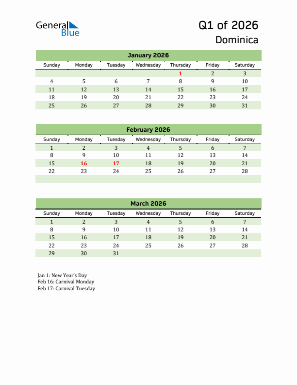 Quarterly Calendar 2026 with Dominica Holidays