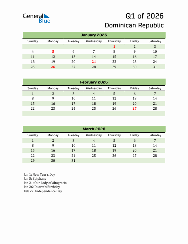 Quarterly Calendar 2026 with Dominican Republic Holidays