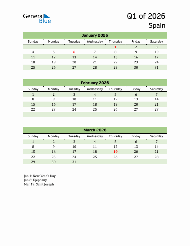 Quarterly Calendar 2026 with Spain Holidays