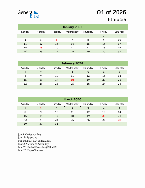 Quarterly Calendar 2026 with Ethiopia Holidays