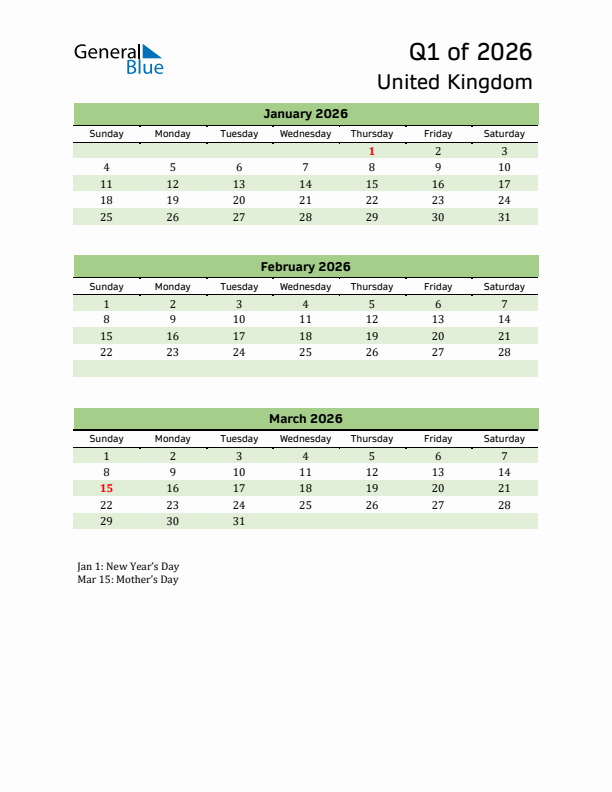 Quarterly Calendar 2026 with United Kingdom Holidays