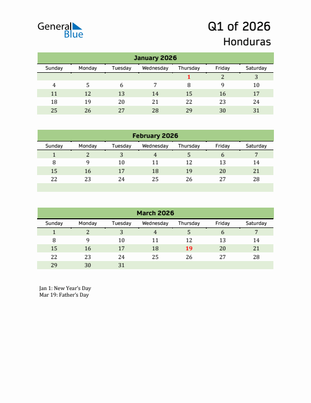 Quarterly Calendar 2026 with Honduras Holidays