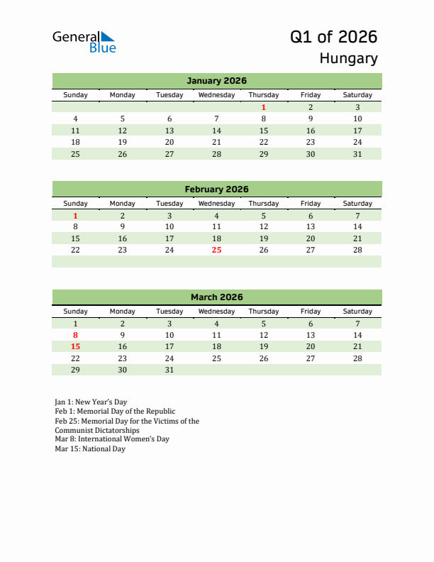 Quarterly Calendar 2026 with Hungary Holidays