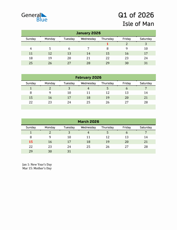 Quarterly Calendar 2026 with Isle of Man Holidays