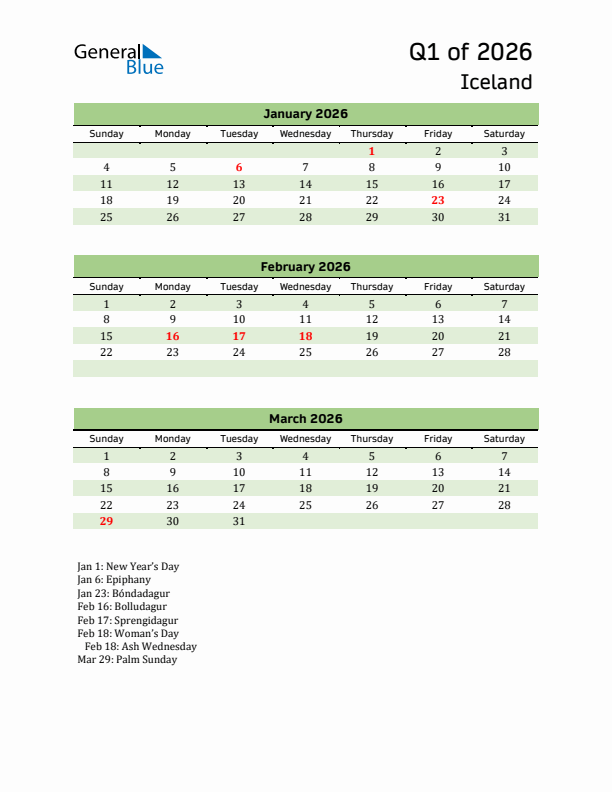 Quarterly Calendar 2026 with Iceland Holidays