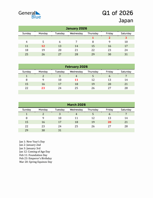 Quarterly Calendar 2026 with Japan Holidays