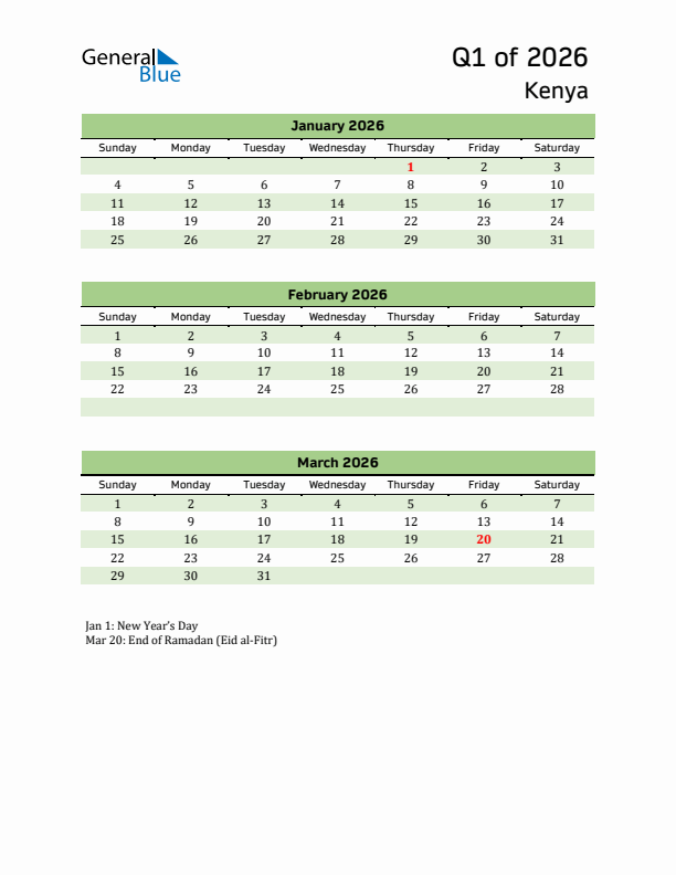 Quarterly Calendar 2026 with Kenya Holidays