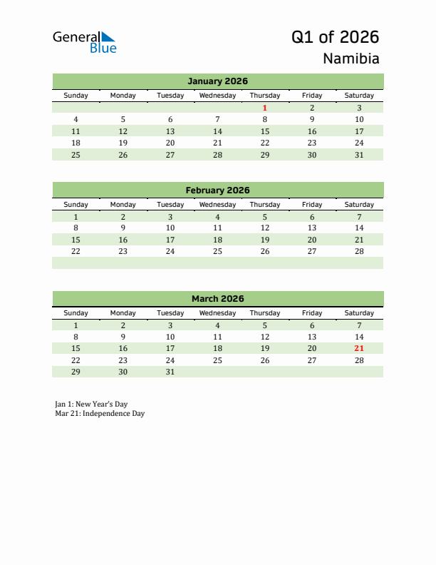 Quarterly Calendar 2026 with Namibia Holidays