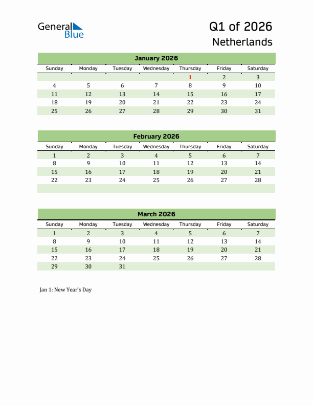 Quarterly Calendar 2026 with The Netherlands Holidays