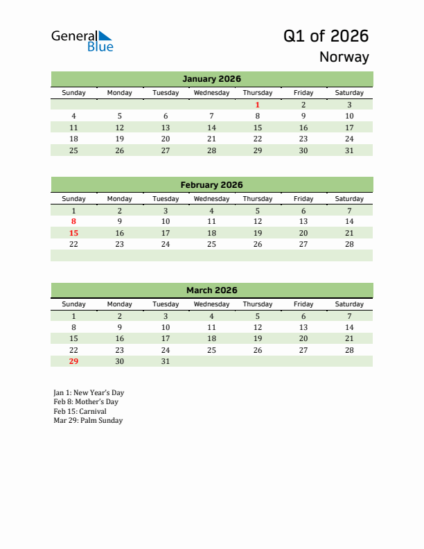 Quarterly Calendar 2026 with Norway Holidays