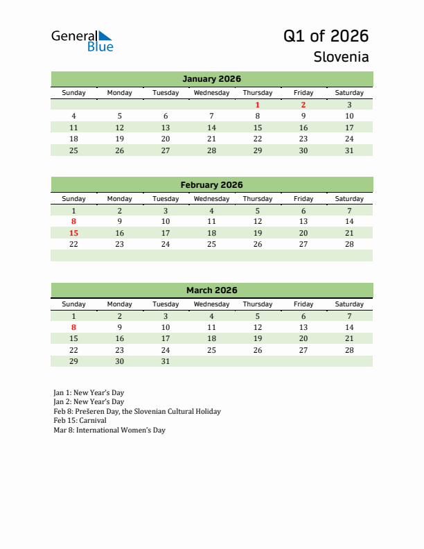 Quarterly Calendar 2026 with Slovenia Holidays