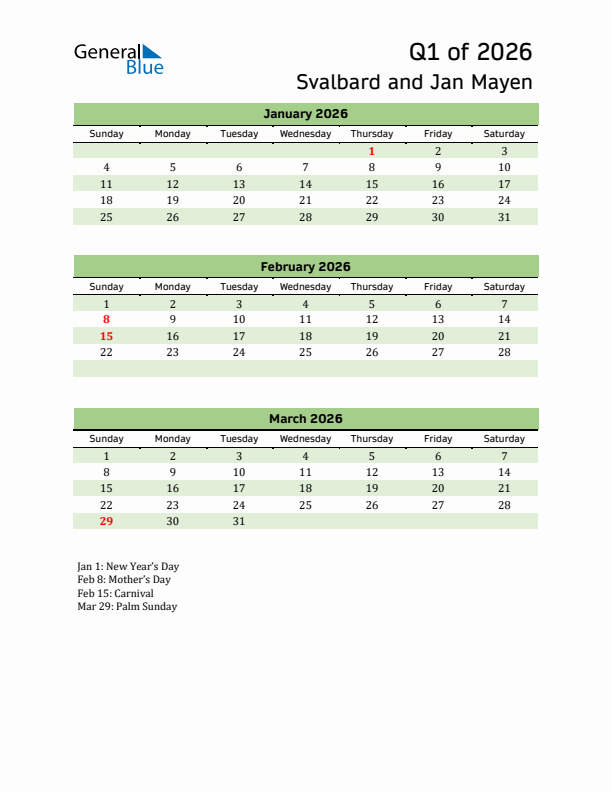 Quarterly Calendar 2026 with Svalbard and Jan Mayen Holidays