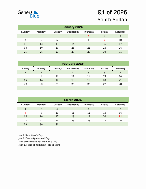 Quarterly Calendar 2026 with South Sudan Holidays