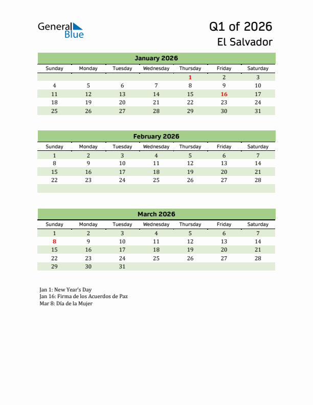 Quarterly Calendar 2026 with El Salvador Holidays