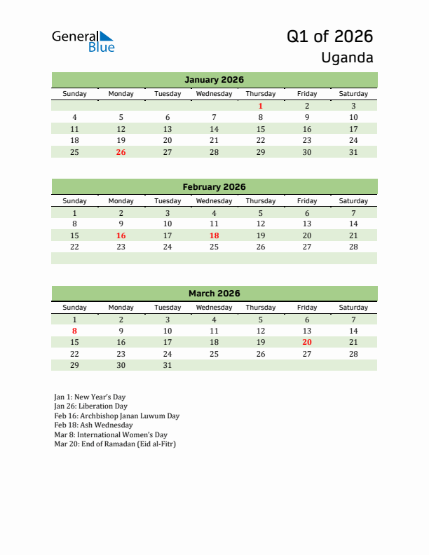 Quarterly Calendar 2026 with Uganda Holidays