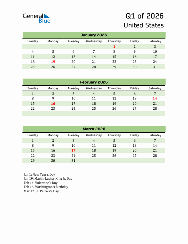 Quarterly Calendar 2026 with United States Holidays