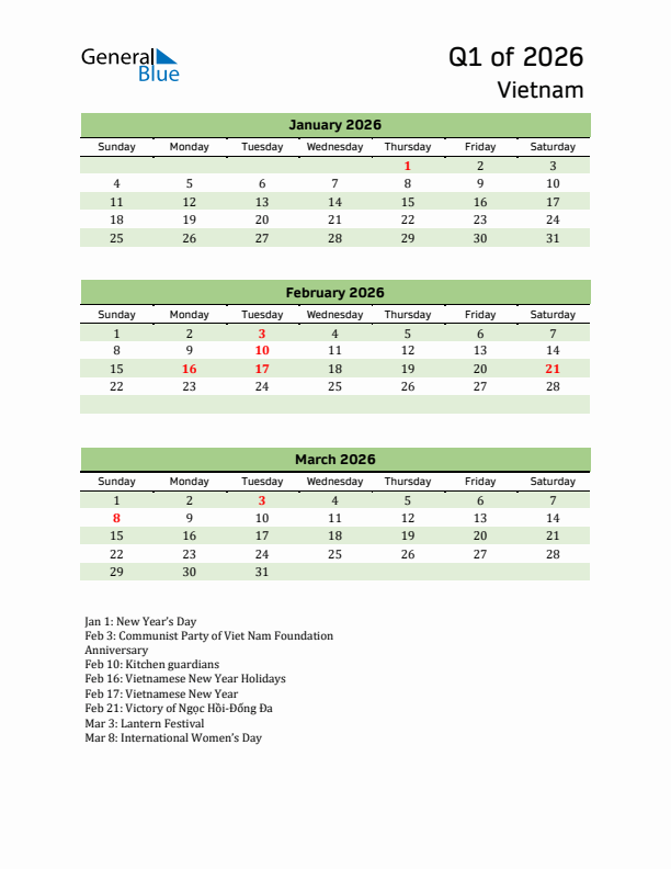 Quarterly Calendar 2026 with Vietnam Holidays