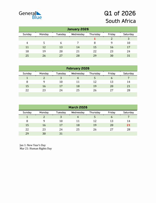 Quarterly Calendar 2026 with South Africa Holidays