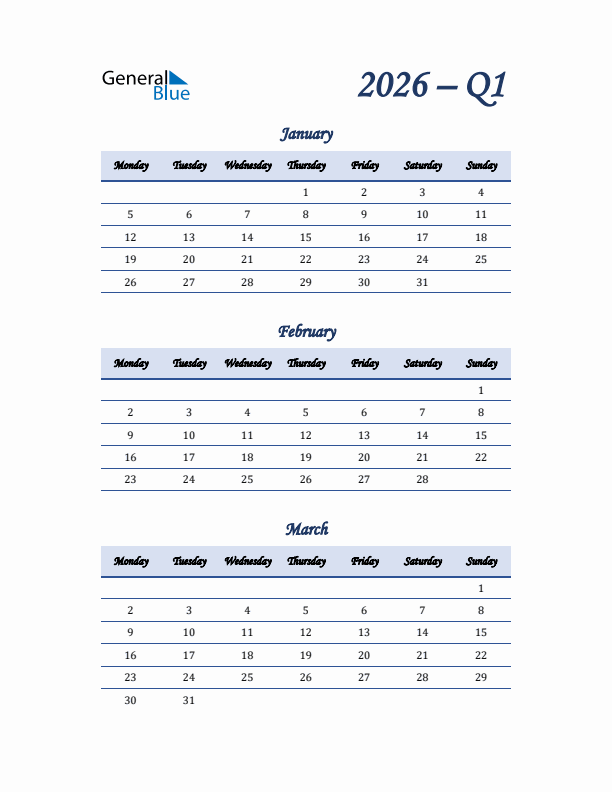 Monday Start 2026 Quarterly Calendar