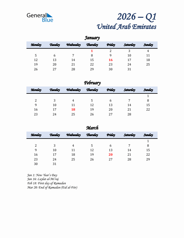 January, February, and March Calendar for United Arab Emirates with Monday Start