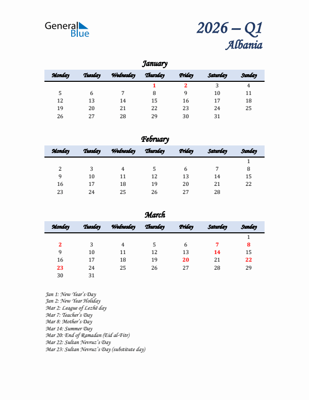 January, February, and March Calendar for Albania with Monday Start