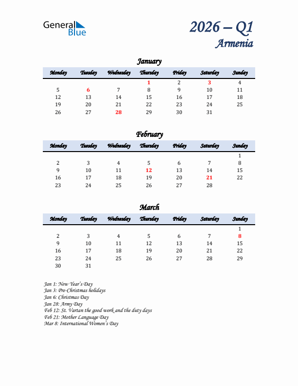 January, February, and March Calendar for Armenia with Monday Start