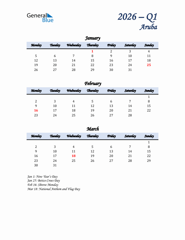 January, February, and March Calendar for Aruba with Monday Start