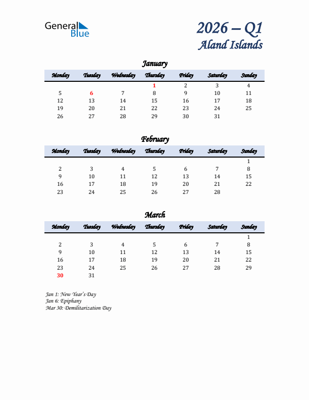 January, February, and March Calendar for Aland Islands with Monday Start