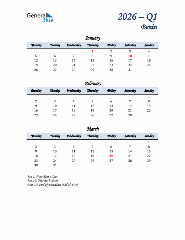 January, February, and March Calendar for Benin with Monday Start