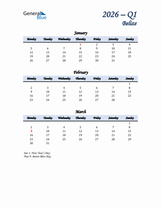 January, February, and March Calendar for Belize with Monday Start