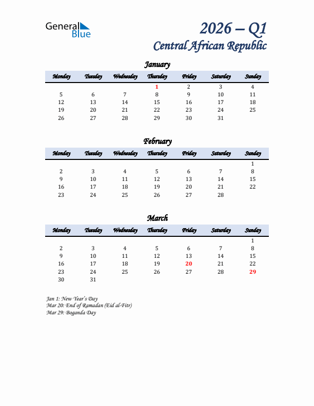 January, February, and March Calendar for Central African Republic with Monday Start