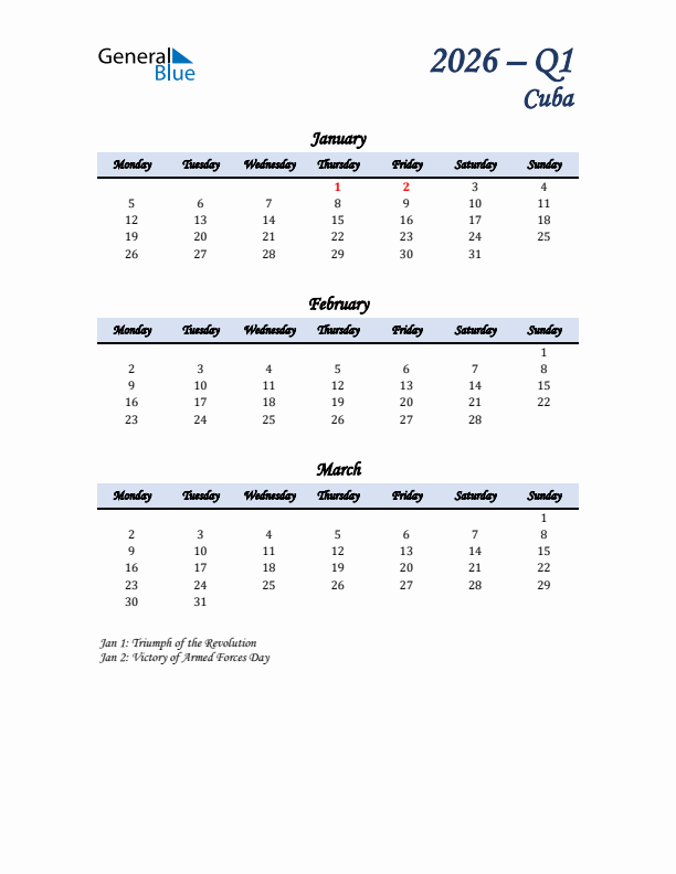 January, February, and March Calendar for Cuba with Monday Start