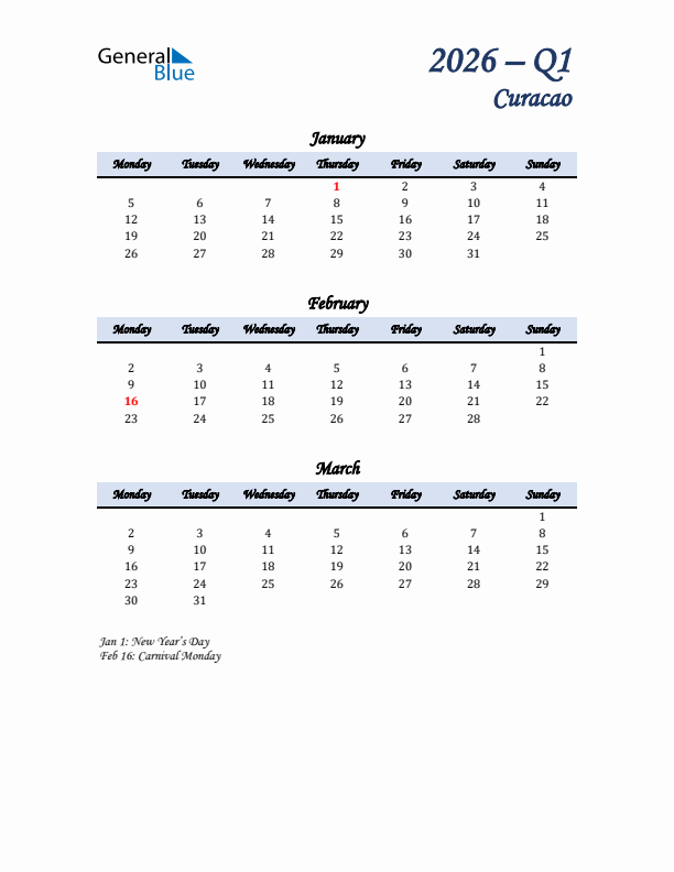 January, February, and March Calendar for Curacao with Monday Start