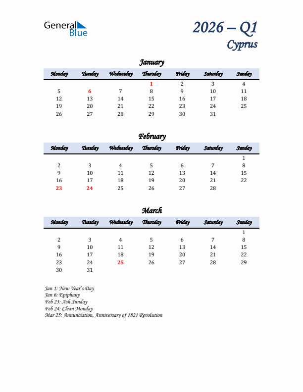 January, February, and March Calendar for Cyprus with Monday Start