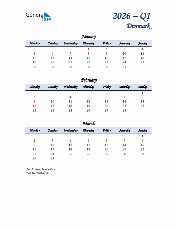 January, February, and March Calendar for Denmark with Monday Start