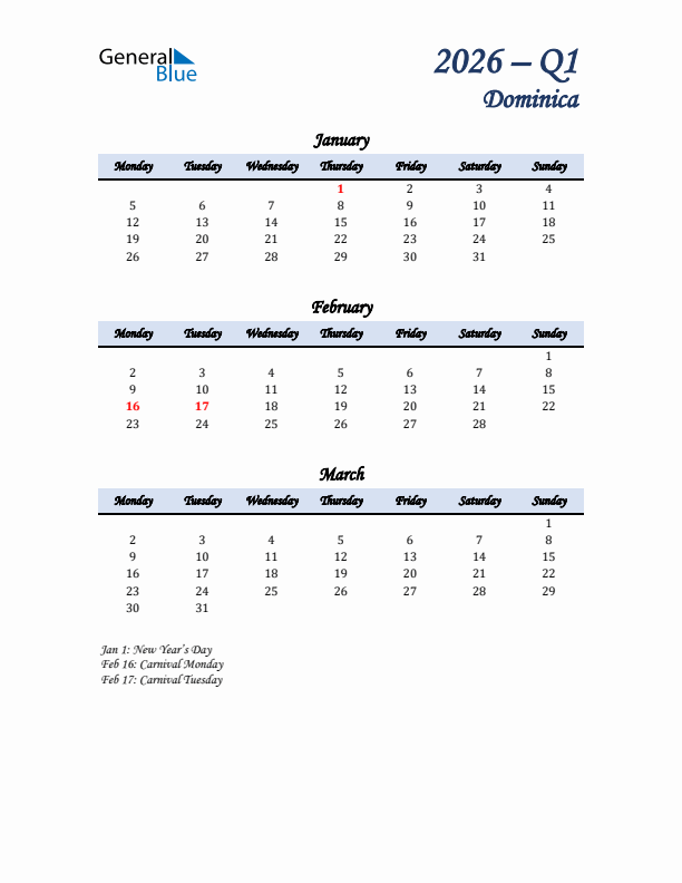 January, February, and March Calendar for Dominica with Monday Start