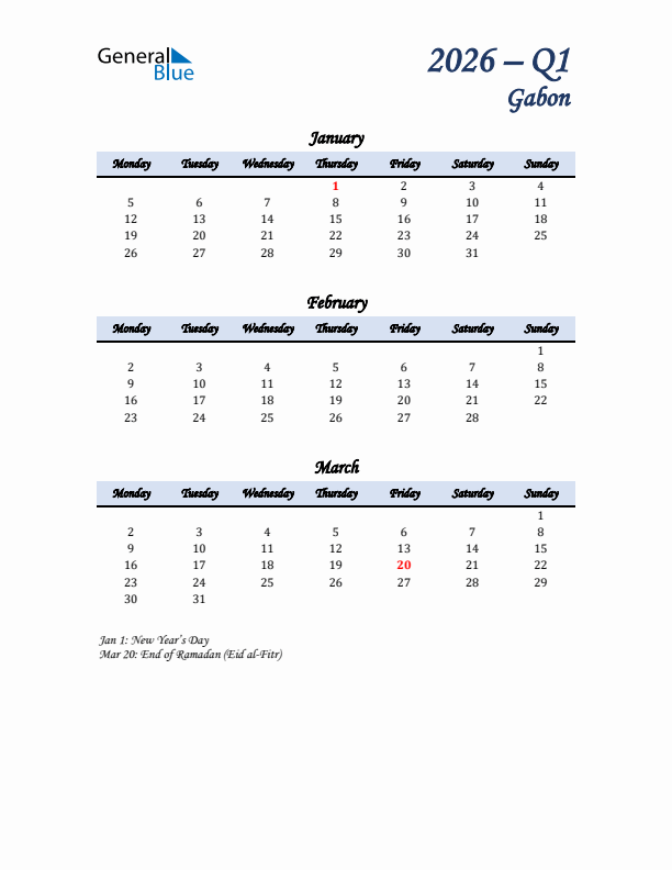 January, February, and March Calendar for Gabon with Monday Start