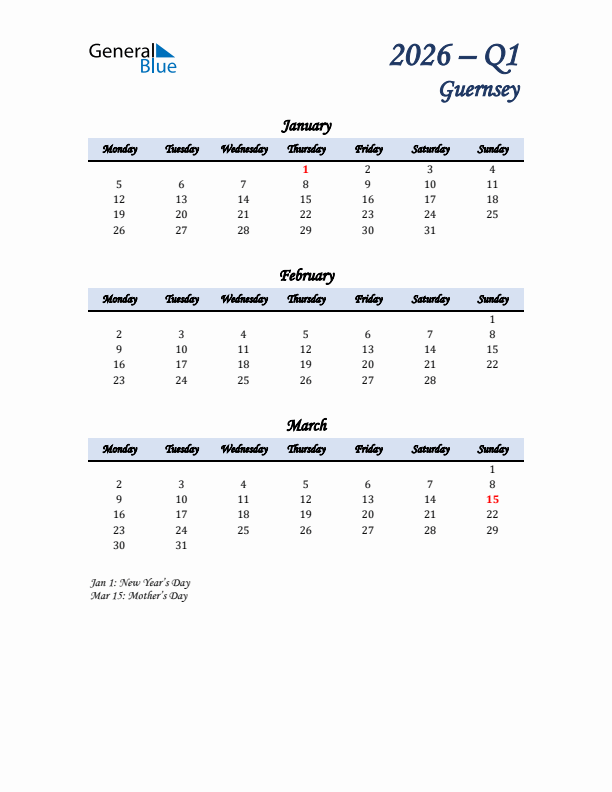 January, February, and March Calendar for Guernsey with Monday Start