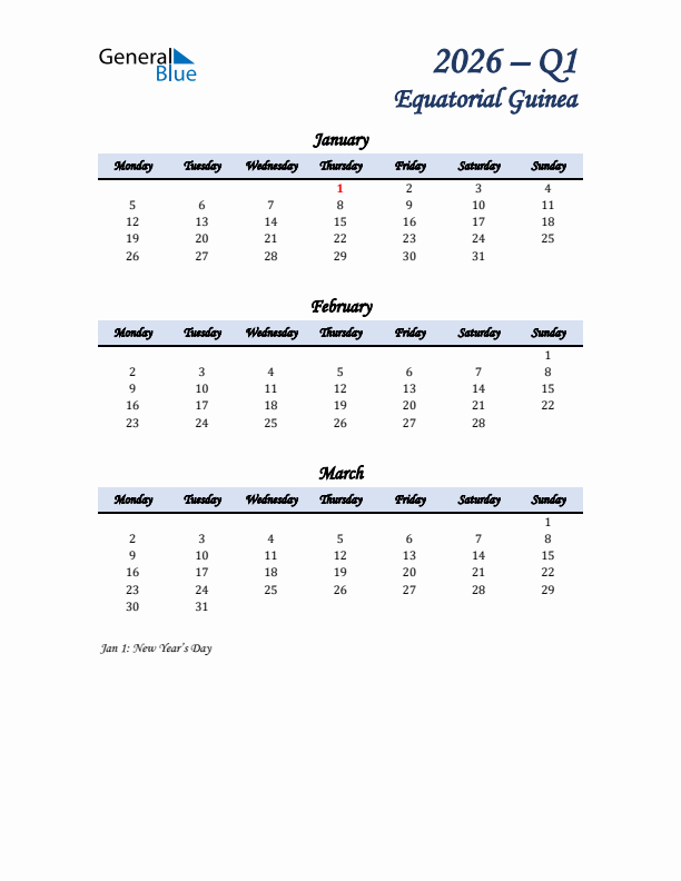 January, February, and March Calendar for Equatorial Guinea with Monday Start