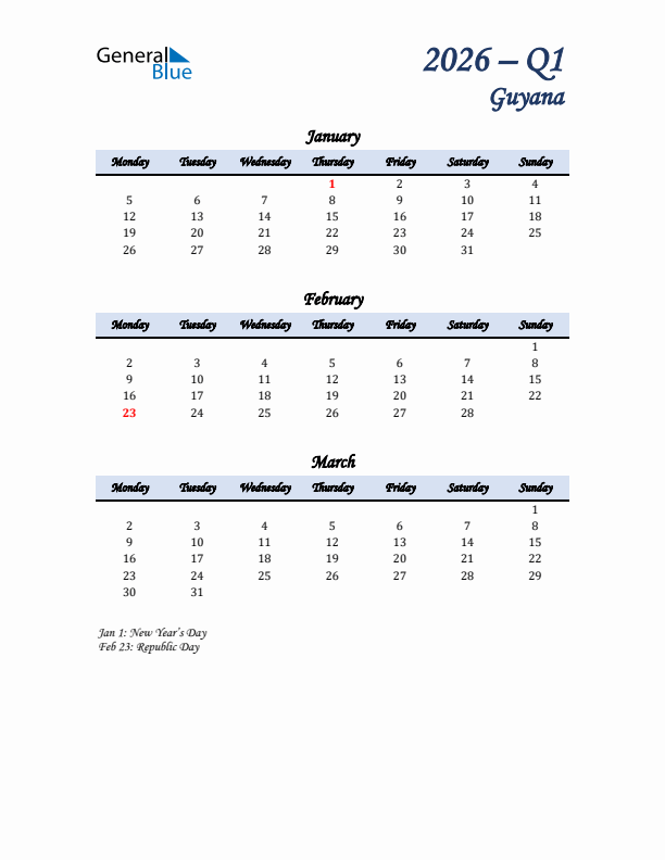 January, February, and March Calendar for Guyana with Monday Start