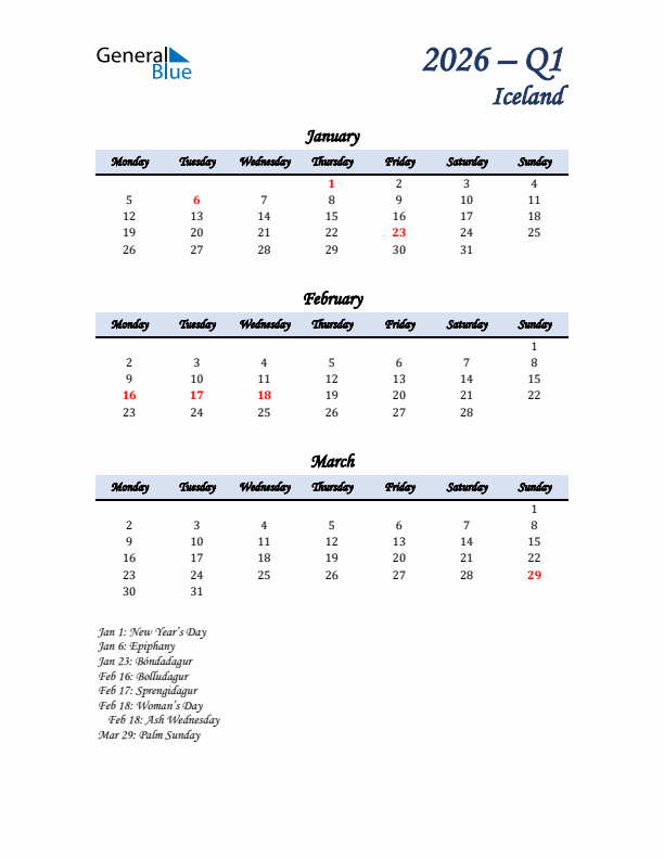 January, February, and March Calendar for Iceland with Monday Start