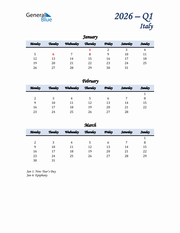 January, February, and March Calendar for Italy with Monday Start